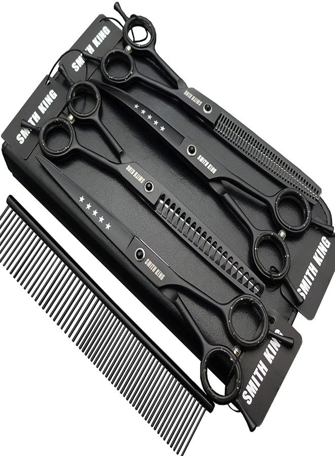Smithking 7.0 inches Professional Dog Grooming Scissors Set Straight & thinning & Curved & chunkers & comb 5pcs in 1 Set for left-handed & right handed Black - Image 1